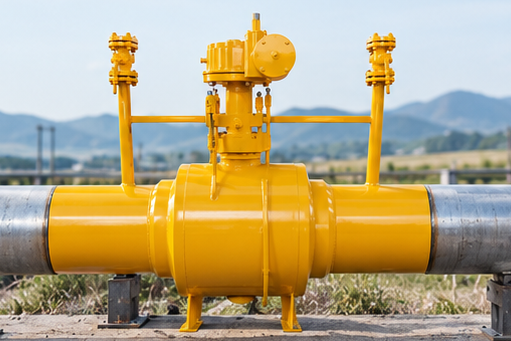 Fully Welded Floating Ball Valve connected to a pipeline with focus on welded joints and valve construction.