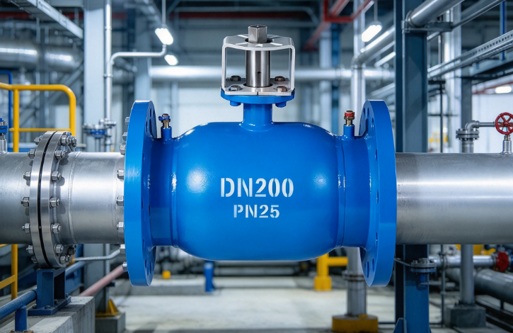 Blue fully welded floating ball valve installed in horizontal pipeline with steel supports and industrial lighting for engineering selection.