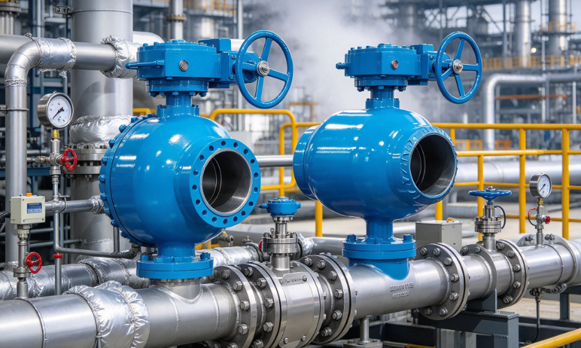 Real size high temperature ball valves installed in controlled hot process steam piping with pressure gauge and safety railing.