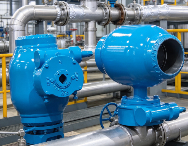 Heat resistant ball valves in controlled hot process steam piping with temperature sensor pressure gauge and safety railing.