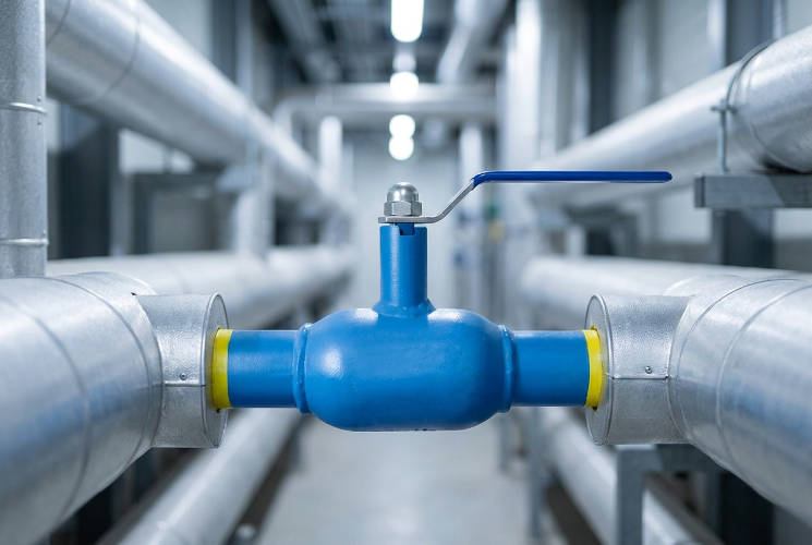 Blue High Temperature Ball Valve with a lever handle and yellow end rings installed between insulated metal pipes in an industrial corridor.