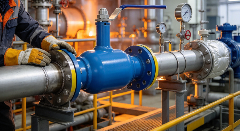 High temperature ball valve installed on horizontal steam pipeline with insulation, supports, gauges and technician checking valve position.