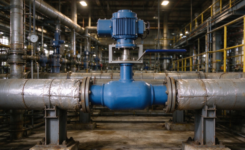 High temperature ball valve and actuator assembly on heat resistant insulated piping in a real industrial process plant.